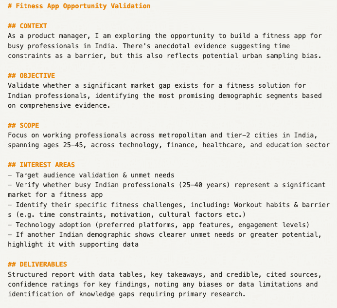 An example of a COSID prompting structure for a fitness app, as described under the heading COSID prompting structure for Deep Research